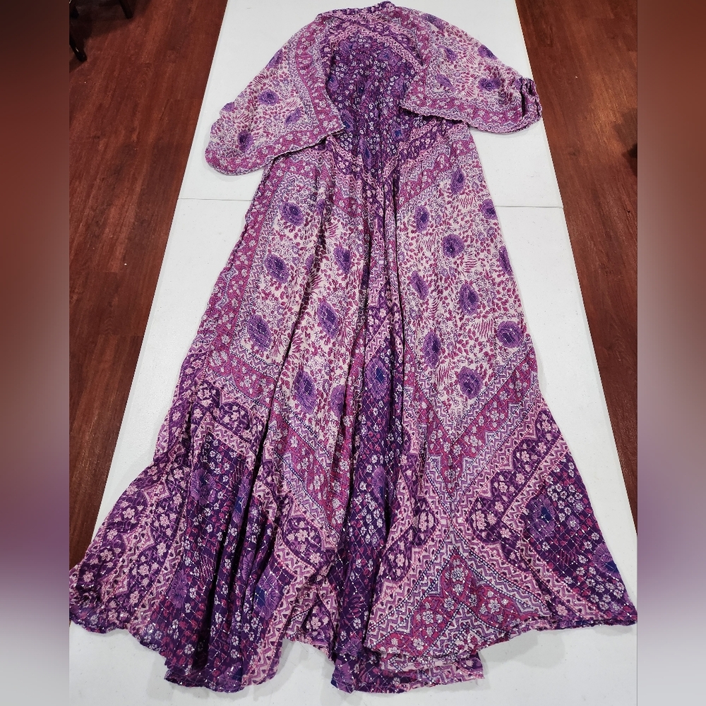 Vintage Adini Sultana Indian Lurex Bohemian Purple Maxi Dress Metallic Kaftan - Picture 3 of 9